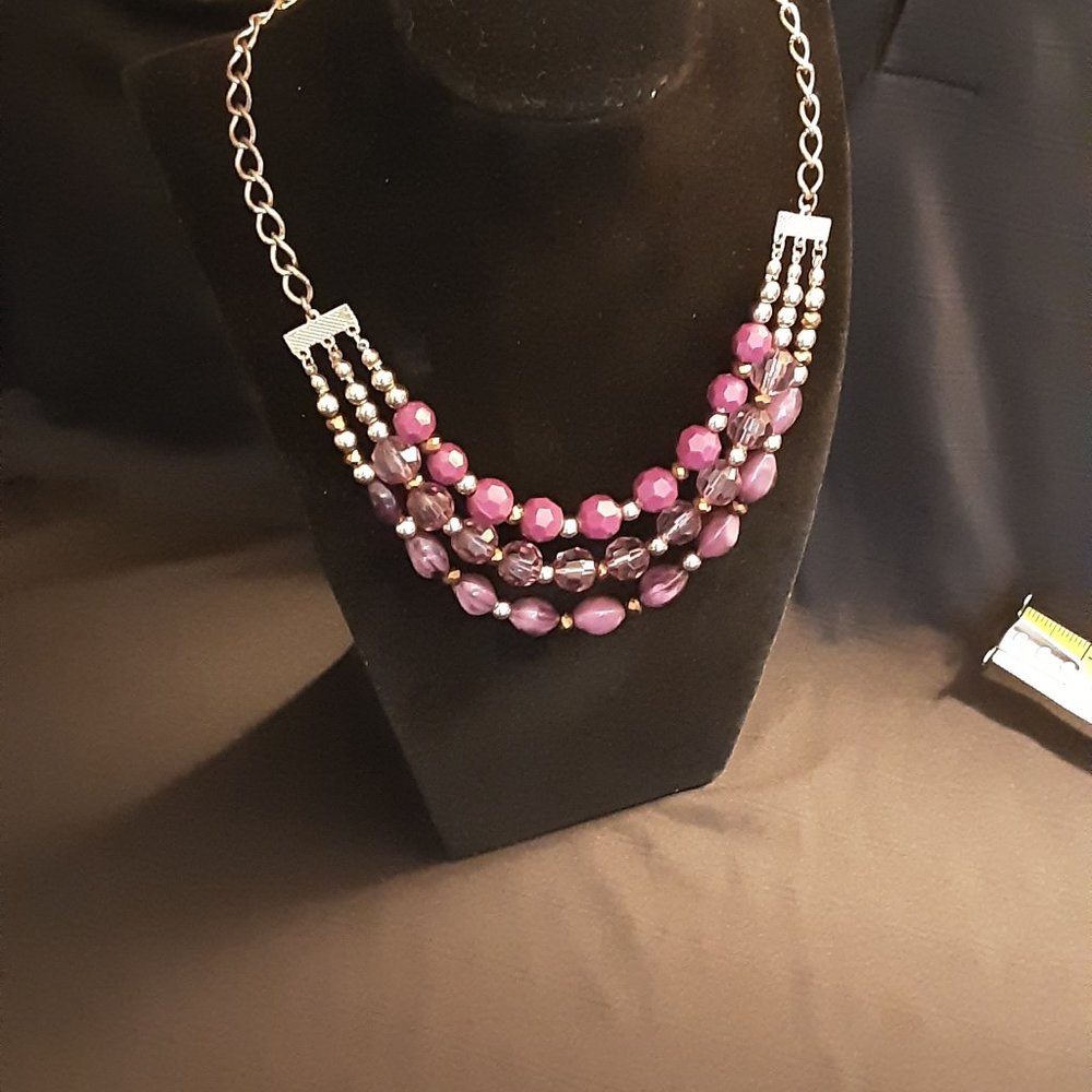 Purple Multi-Strand Beaded Statement Necklace - image 5